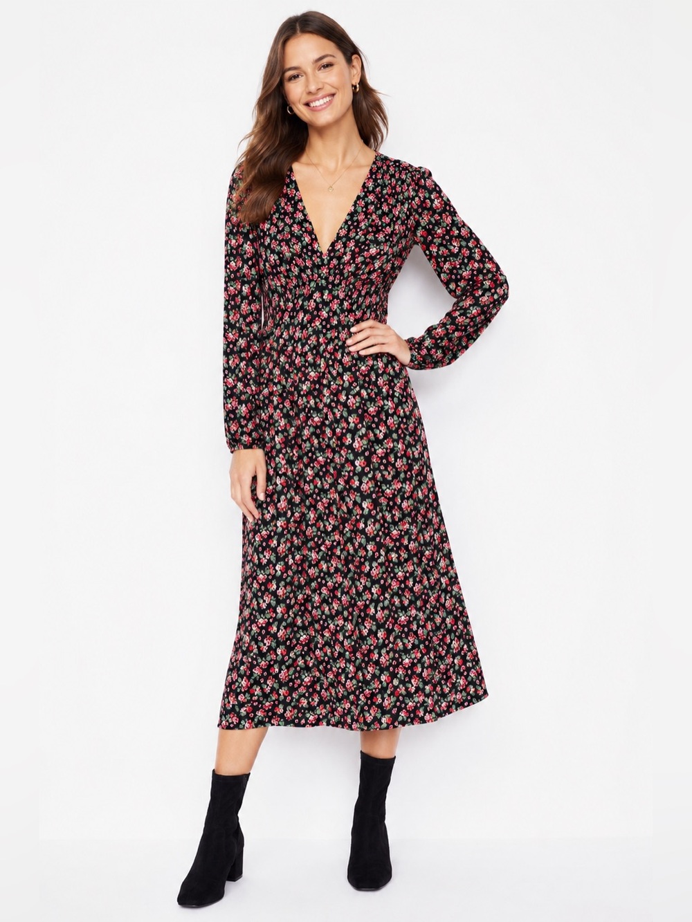 Boden Jersey Midi Tea Dress 14R Black Pink Floral V Neck